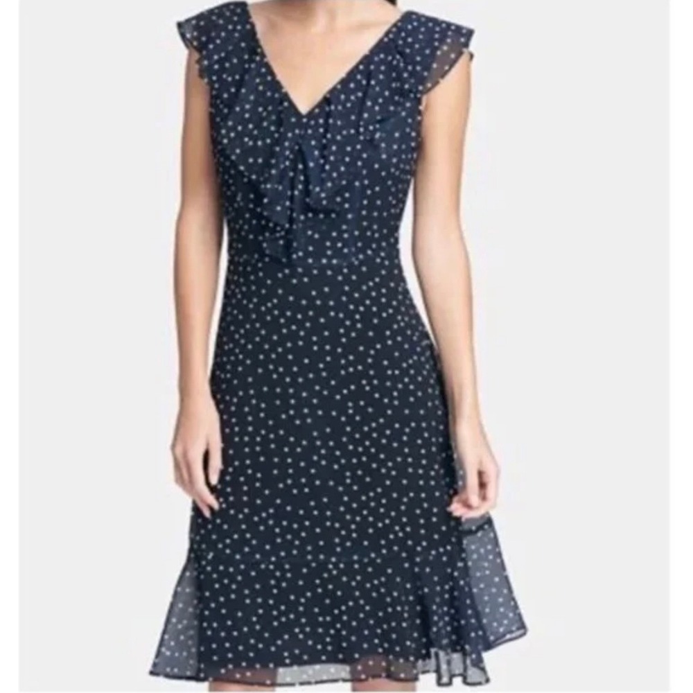 DKNY Navy Polka Dot Ruffle Neck Sleeveless Flowy Dress Women's Size‎ 8
